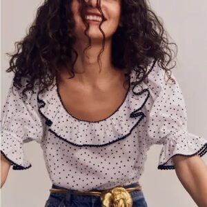 Reformation Cambri Polka Dot Ruffle Trim Blouse Size Medium